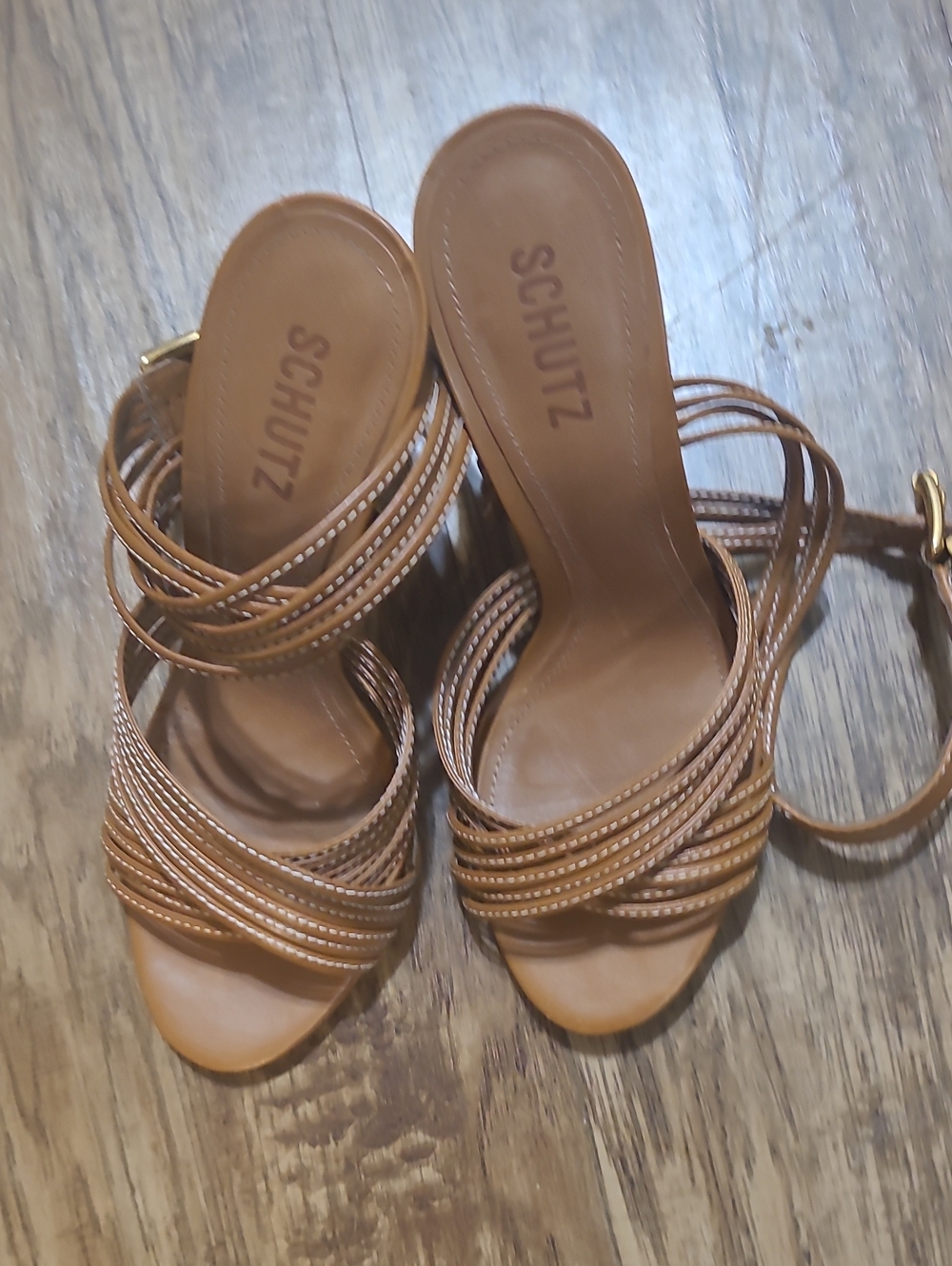 SCHUTZ Brown Multi‑Strap Heeled Sandals